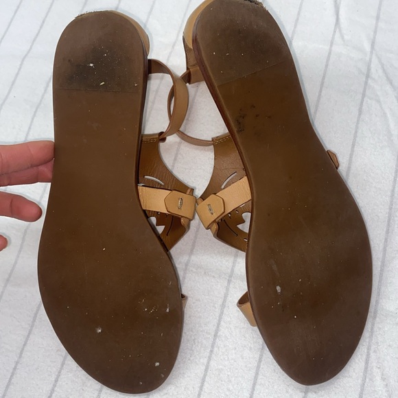 TORY BURCH Claire Capri Logo THONG Wedge LEATHER Sandals 7 Tan Fabulous Brown - Picture 8 of 12